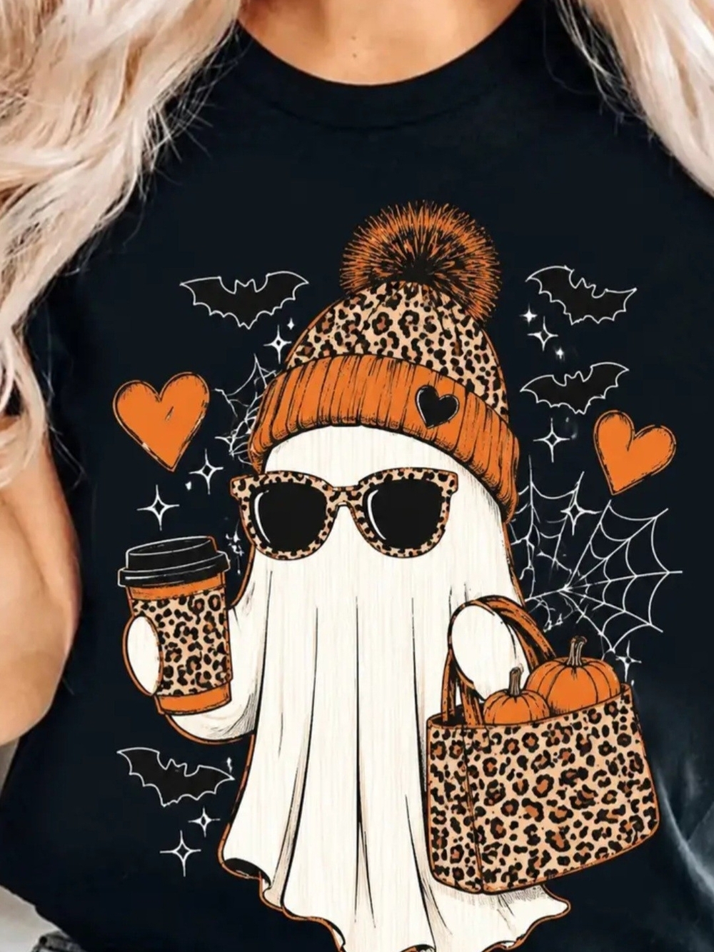 Halloween Leopard Ghost Graphic Tee - Orange & Black